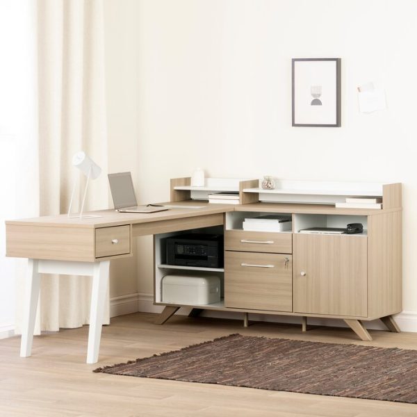 White & Soft Elm Helsy L-Shape Desk with Hutch (SB1659) For Discount